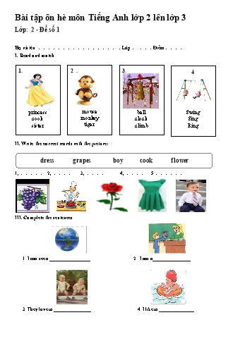 Bộ đề ôn tập hè môn Tiếng Anh Lớp 2 (Có đáp án)