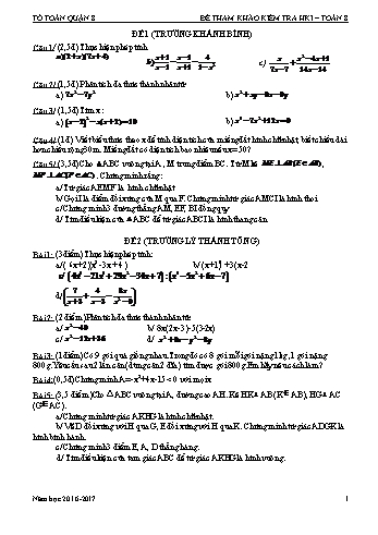 Bộ đề tham khảo kiểm tra học kì I môn Toán Khối 8