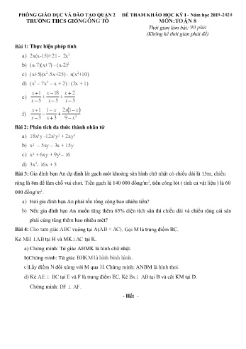 Bộ đề tham khảo kiểm tra học kì I môn Toán Lớp 8 - Năm học 2019-2020