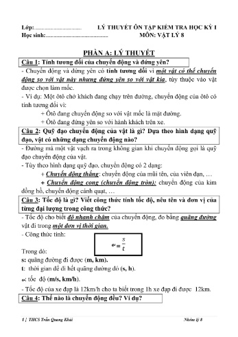 Đề cương ôn tập kiểm tra học kì I môn Vật lí Lớp 8