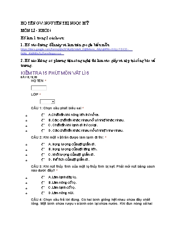Đề kiểm tra 15 phút môn Vật lí Lớp 6 - Nguyễn Thị Ngọc Mỹ