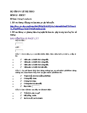 Đề kiểm tra 15 phút môn Vật lí Lớp 7 - Lê Thị Thảo