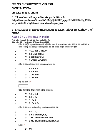Đề kiểm tra 15 phút môn Vật lí Lớp 8 - Nguyễn Thị Vân Anh