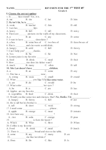 Đề kiểm tra 45 phút môn Tiếng Anh Lớp 6