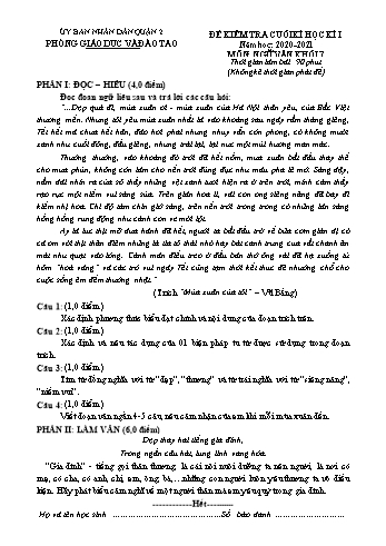 Đề kiểm tra cuối kì I môn Ngữ văn Lớp 7 - Phòng GD&ĐT Quận 2 - Năm học 2020-2021 (Có đáp án)