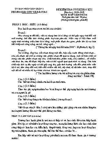 Đề kiểm tra cuối kì I môn Ngữ văn Lớp 8 - Phòng GD&ĐT Quận 2 - Năm học 2020-2021 (Có đáp án)