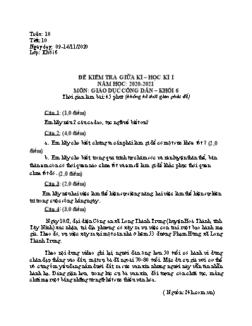 Đề kiểm tra giữa học kì I môn Giáo dục công dân Lớp 6 - Trường THCS Phú Lợi - Năm học 2020-2021 (Có đáp án)