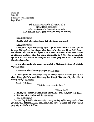 Đề kiểm tra giữa học kì I môn Giáo dục công dân Lớp 7 - Trường THCS Phú Lợi - Năm học 2020-2021 (Có đáp án)