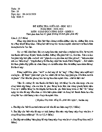 Đề kiểm tra giữa học kì I môn Giáo dục công dân Lớp 8 - Trường THCS Phú Lợi - Năm học 2020-2021 (Có đáp án)
