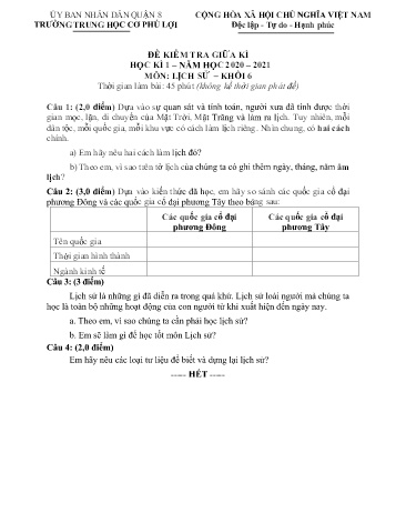 Đề kiểm tra giữa kì I môn Lịch sử Lớp 6 - TRường THCS Phú Lợi - Năm học 2020-2021 (Có đáp án)