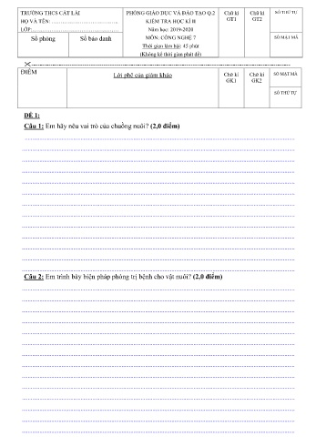 Đề kiểm tra học kì II môn Công nghệ Lớp 7 - Trường THCS Cát Lái - Năm học 2019-2020 (Có đáp án) Đề kiểm tra học kì II môn Công nghệ Lớp 7 - Trường THCS Cát Lái - Năm học 2019-2020 (Có đáp án)