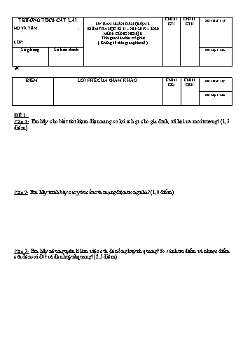 Đề kiểm tra học kì II môn Công nghệ Lớp 8 - Trường THCS Cát Lái - Năm học 2019-2020 - Đề 2