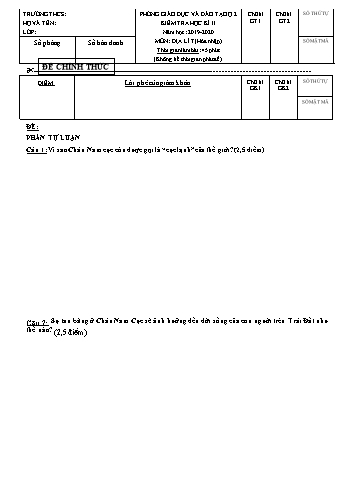 Đề kiểm tra học kì II môn Địa lí Lớp 7 (Hòa nhập) - Trường THCS Cát Lái - Năm học 2019-2020 (Có đáp án)