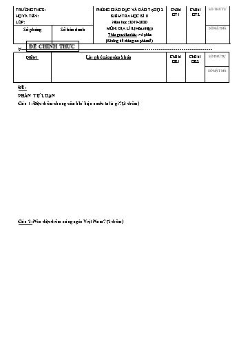 Đề kiểm tra học kì II môn Địa lí Lớp 8 (Hòa nhập) - Trường THCS Cát Lái - Năm học 2019-2020 (Có đáp án)