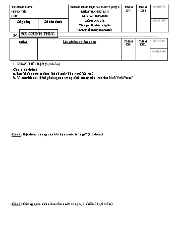 Đề kiểm tra học kì II môn Địa lí Lớp 8 - Trường THCS Cát Lái - Năm học 2019-2020 (Có đáp án)
