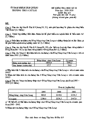 Đề kiểm tra học kì II môn Địa lí Lớp 9 - Trường THCS Cát Lái - Năm học 2019-2020 - Đề 2 (Có đáp án)