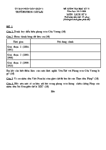 Đề kiểm tra học kì II môn Lịch sử Lớp 8 - Trường THCS Cát Lái - Năm học 2019-2020 (Có đáp án)