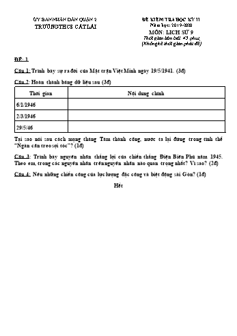 Đề kiểm tra học kì II môn Lịch sử Lớp 9 - Trường THCS Cát Lái - Năm học 2019-2020 (Có đáp án)