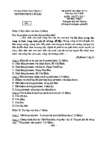 Đề kiểm tra học kì II môn Ngữ văn Lớp 7 (Hòa nhập) - Trường THCS Cát Lái - Năm học 2019-2020 (Có đáp án)