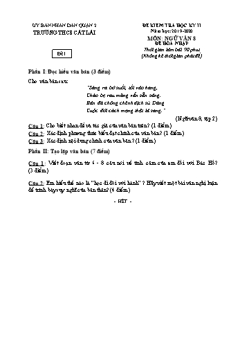 Đề kiểm tra học kì II môn Ngữ văn Lớp 8 (Hòa nhập) - Trường THCS Cát Lái - Năm học 2019-2020 (Có đáp án)
