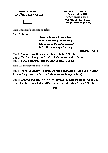 Đề kiểm tra học kì II môn Ngữ văn Lớp 8 - Trường THCS Cát Lái - Năm học 2019-2020 (Có đáp án)