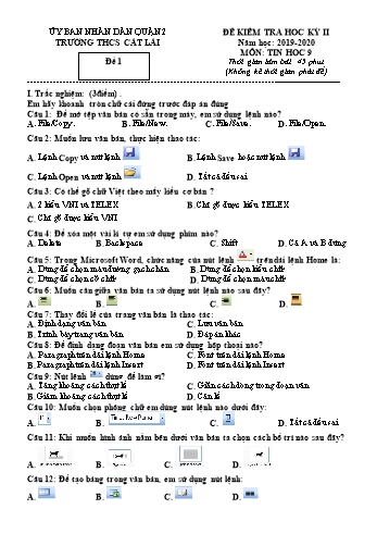 Đề kiểm tra học kì II môn Tin học Lớp 6 - Trường THCS Cát Lái - Năm học 2019-2020 (Có đáp án)
