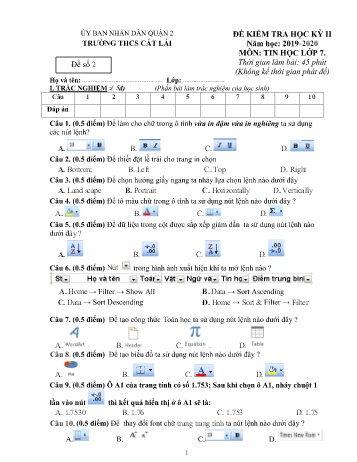 Đề kiểm tra học kì II môn Tin học Lớp 7 - Trường THCS Cát Lái - Năm học 2019-2020 - Đề 2 (Có đáp án)