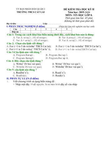Đề kiểm tra học kì II môn Tin học Lớp 8 - Trường THCS Cát Lái - Năm học 2019-2020 (Có đáp án)