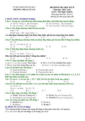 Đề kiểm tra học kì II môn Tin học Lớp 8 - Trường THCS Cát Lái - Năm học 2019-2020 - Đề 1 (Có đáp án)