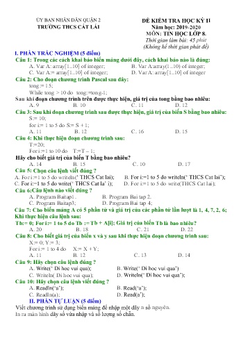 Đề kiểm tra học kì II môn Tin học Lớp 8 - Trường THCS Cát Lái - Năm học 2019-2020 - Đề 2 (Có đáp án)