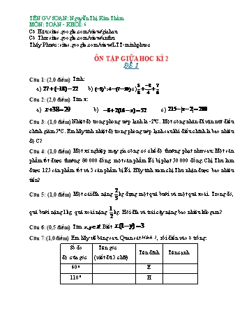 Đề ôn tập giữa học kì II môn Toán Lớp 6 - Nguyễn Thị Kim Thắm