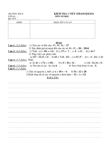 Đề tham khảo kiểm tra 1 tiết môn Toán Lớp 6