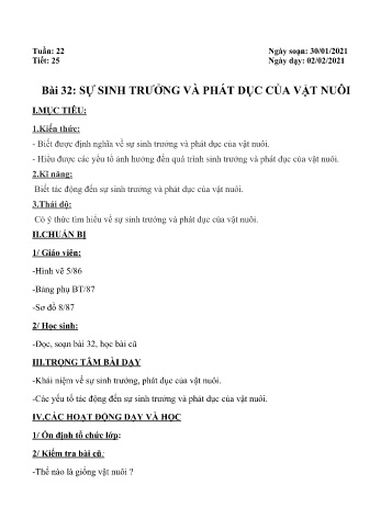 Giáo án Công nghệ Lớp 7 - Bài 32: Sự sinh trưởng và phát dục của vật nuôi - Năm học 2020-2021