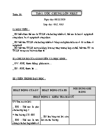 Giáo án Đại số Lớp 6 - Tuần 10 - Năm học 2020-2021