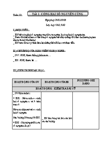 Giáo án Đại số Lớp 6 - Tuần 13 - Năm học 2020-2021