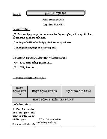 Giáo án Đại số Lớp 6 - Tuần 5 - Năm học 2020-2021