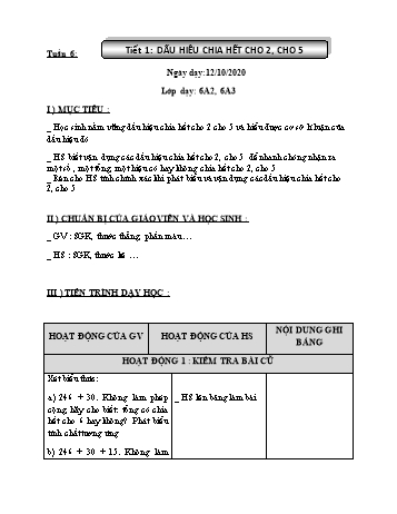Giáo án Đại số Lớp 6 - Tuần 6 - Năm học 2020-2021