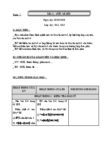 Giáo án Đại số Lớp 6 - Tuần 7 - Năm học 2020-2021