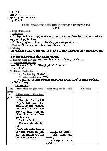 Giáo án Giáo dục công dân Lớp 6 - Bài 12: Công ước liên hợp quốc về quyền trẻ em (Tiết 2) - Năm học 2020-2021