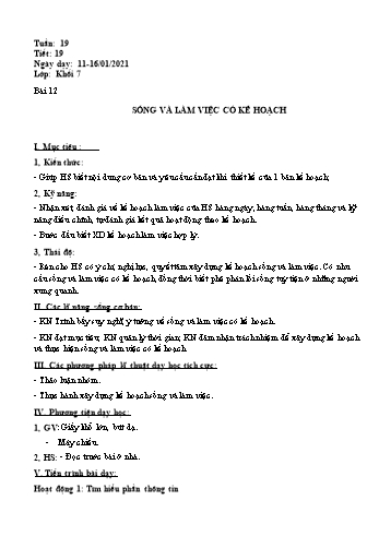Giáo án Giáo dục công dân Lớp 7 - Bài 12: Sống và làm việc có kế hoạch - Năm học 2020-2021