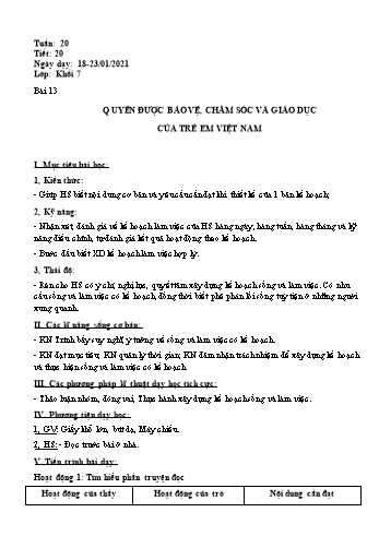 Giáo án Giáo dục công dân Lớp 7 - Bài 13: Quyền được bảo vệ, chăm sóc và giáo dục của trẻ em Việt Nam - Năm học 2020-2021