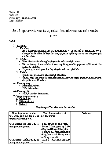 Giáo án Giáo dục công dân Lớp 9 - Bài 12: Quyền và nghĩa vụ của công dân trong hôn nhân - Năm học 2020-2021