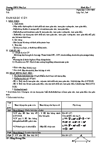Giáo án Hình học Khối 7 - Tuần 19 - Trường THCS Phú Lợi - Năm học 2020-2021
