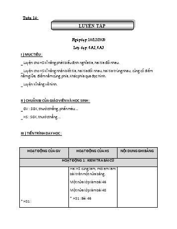 Giáo án Hình học Lớp 6 - Tuần 14 - Năm học 2020-2021
