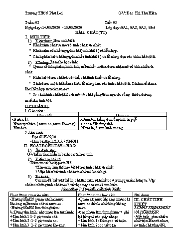 Giáo án Hóa học Lớp 8 - Tuần 2 - Đào Thị Thu Hiền - Năm học 2020-2021