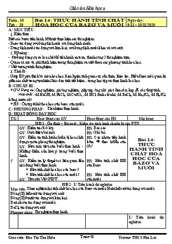 Giáo án Hóa học Lớp 9 - Tuần 10 - Năm học 2020-2021