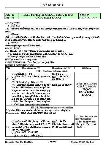 Giáo án Hóa học Lớp 9 - Tuần 11 - Năm học 2020-2021