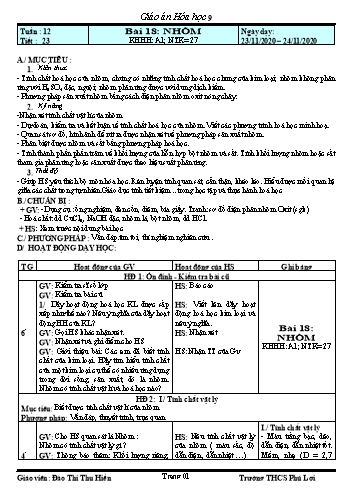 Giáo án Hóa học Lớp 9 - Tuần 12 - Năm học 2020-2021