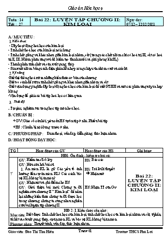 Giáo án Hóa học Lớp 9 - Tuần 14 - Năm học 2020-2021