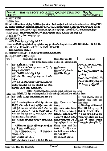 Giáo án Hóa học Lớp 9 - Tuần 4 - Năm học 2020-2021
